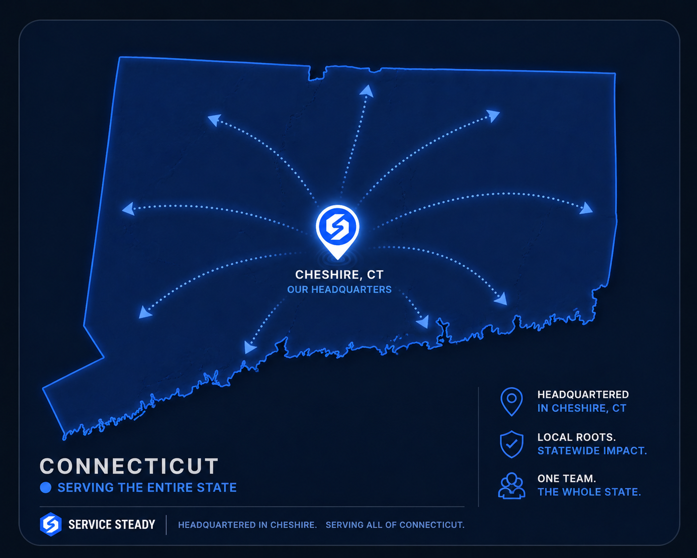 Connecticut service area map — headquartered in Cheshire, CT